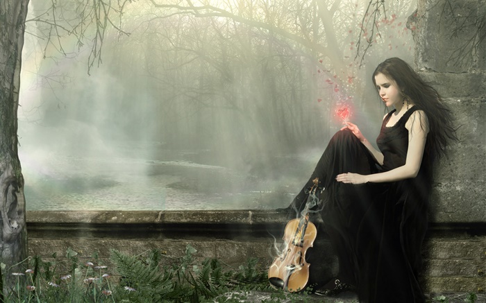 黑色连衣裙的女孩幻想魔术，小提琴 壁纸 图片