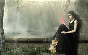 黑色连衣裙的女孩幻想魔术，小提琴