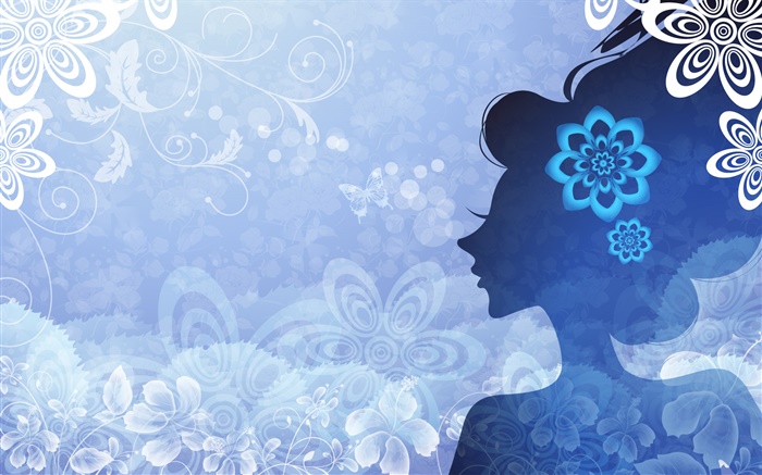 蓝色背景，矢量女孩，鲜花，蝴蝶 壁纸 图片