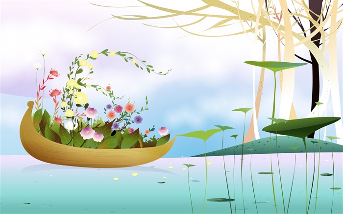 船，花草，树木，河流，春暖花开的季节，创意，矢量设计 壁纸 图片