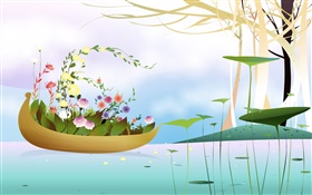 船，花草，树木，河流，春暖花开的季节，创意，矢量设计 高清壁纸