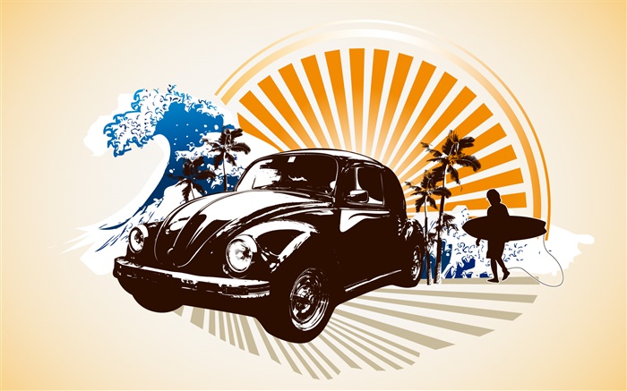 汽车，棕榈树，人，海岸，热带，矢量图片 壁纸 图片