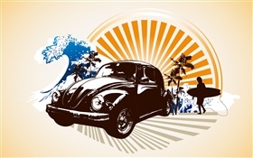汽车，棕榈树，人，海岸，热带，矢量图片 高清壁纸
