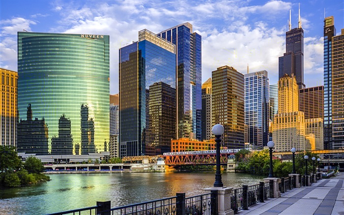 芝加哥市，伊利诺伊州，美国，摩天大楼，河，桥 壁纸 图片