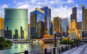 芝加哥市，伊利诺伊州，美国，摩天大楼，河，桥 高清壁纸