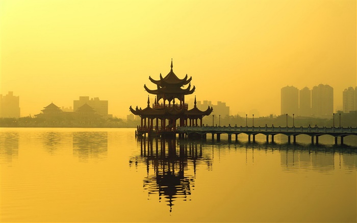 中国风景，凉亭，湖，黄昏 壁纸 图片