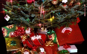 圣诞礼品，灯，松枝