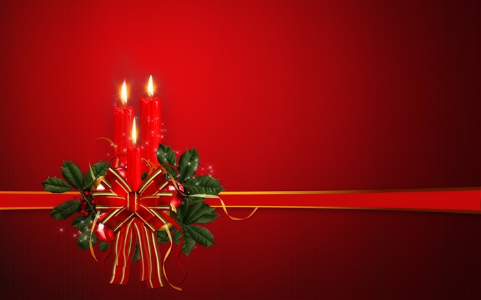 圣诞主题，丝带，蜡烛，红色背景 壁纸 图片