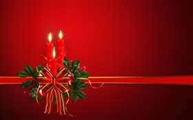 圣诞主题，丝带，蜡烛，红色背景 高清壁纸