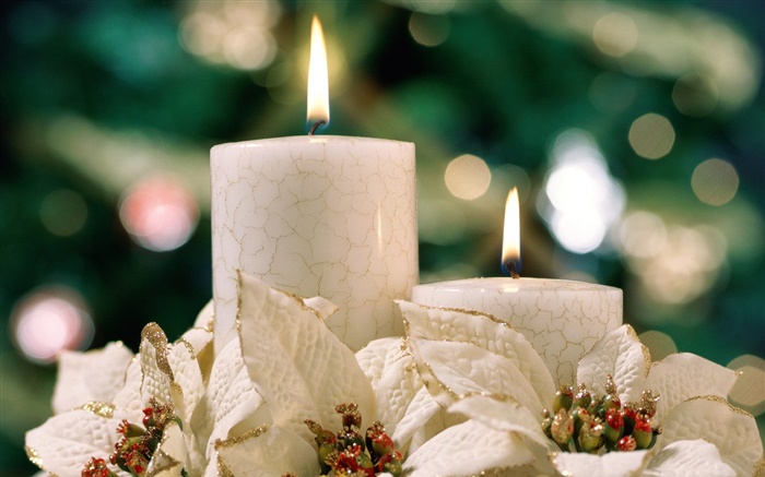 圣诞主题，白色的蜡烛 壁纸 图片