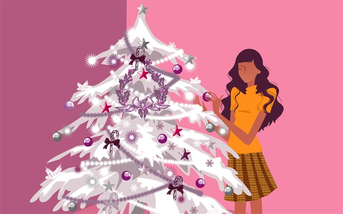 圣诞树和女孩，矢量设计 壁纸 图片