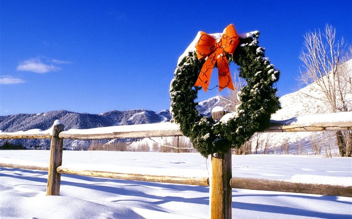 圣诞花环，雪，栅栏 壁纸 图片