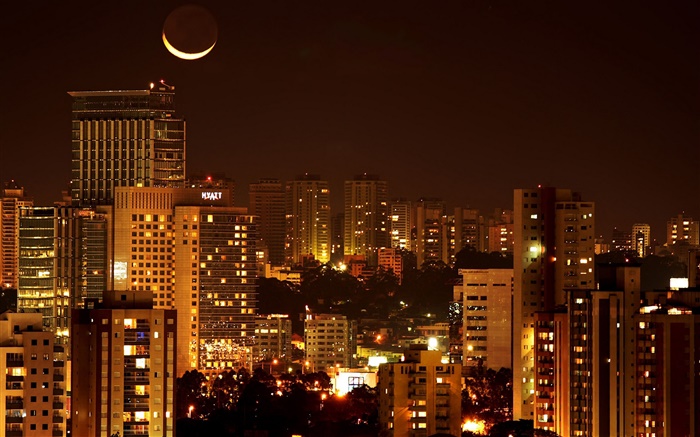城市夜景，房子，灯光，月亮 壁纸 图片