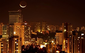 城市夜景，房子，灯光，月亮
