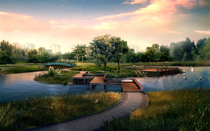 城市公园，木桥，河流，鸟，树，3D设计 壁纸 图片