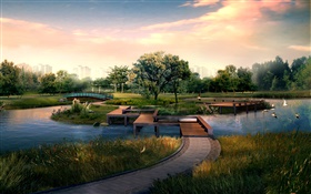 城市公园，木桥，河流，鸟，树，3D设计