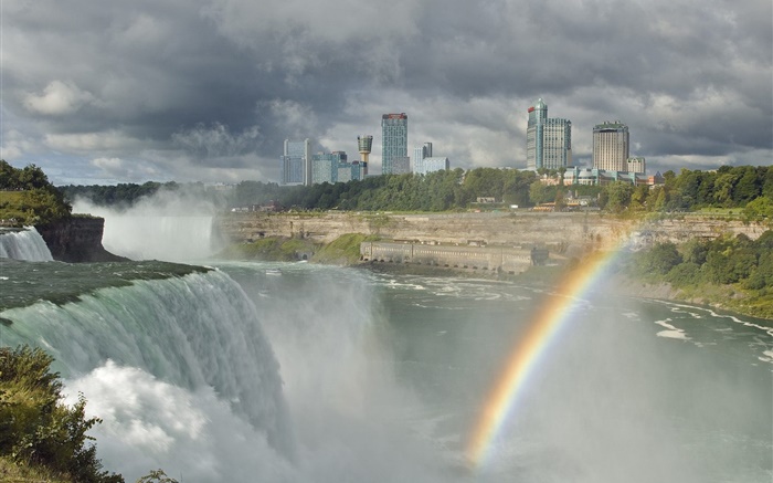市，瀑布，河流，彩虹，云 壁纸 图片