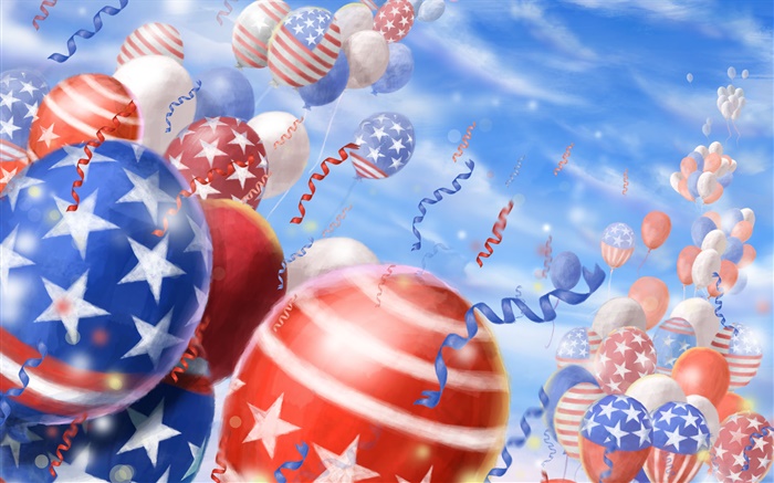 五颜六色的气球，节日，天空，美国国旗 壁纸 图片