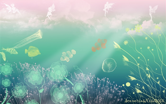 创意设计，艺术，水下，海，鱼，花卉，天使 壁纸 图片