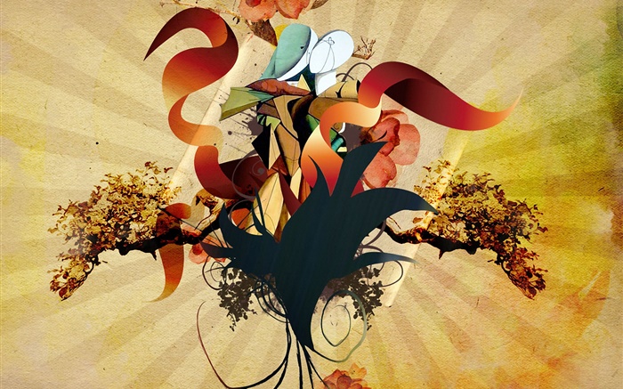 创意设计，色彩鲜艳，树枝，花，丝带 壁纸 图片