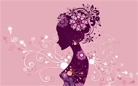 创意设计，矢量女孩，花，粉红色的背景 高清壁纸