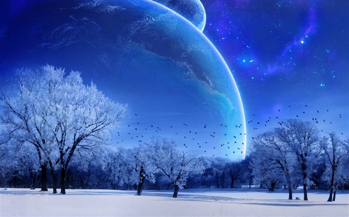 梦想世界，冬天，树，鸟，行星，蓝色风格 壁纸 图片