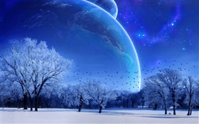 梦想世界，冬天，树，鸟，行星，蓝色风格