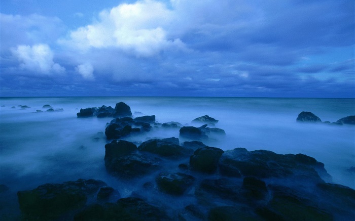 黄昏，海，海岸，怪石，云海，蓝色风格 壁纸 图片