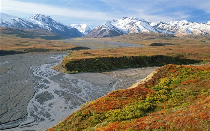 东叉河，山，秋天，迪纳利国家公园，阿拉斯加，美国 壁纸 图片