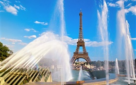 法国艾菲尔铁塔，巴黎，喷泉，水 高清壁纸