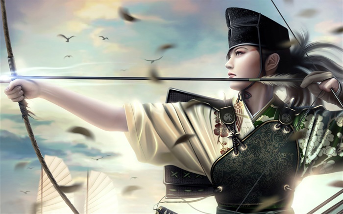 幻想亚洲女孩，战士，弓，船 壁纸 图片