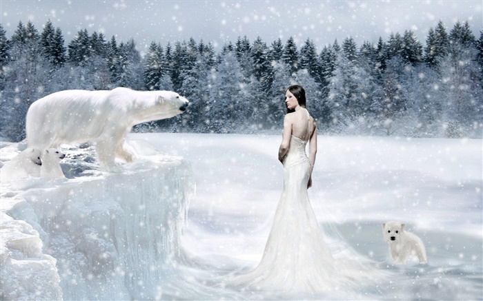 幻想的女孩，北极熊，冷 壁纸 图片