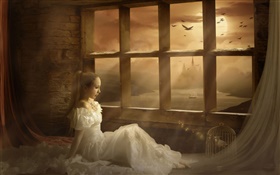 幻想的女孩在窗口边，月亮，夜 高清壁纸