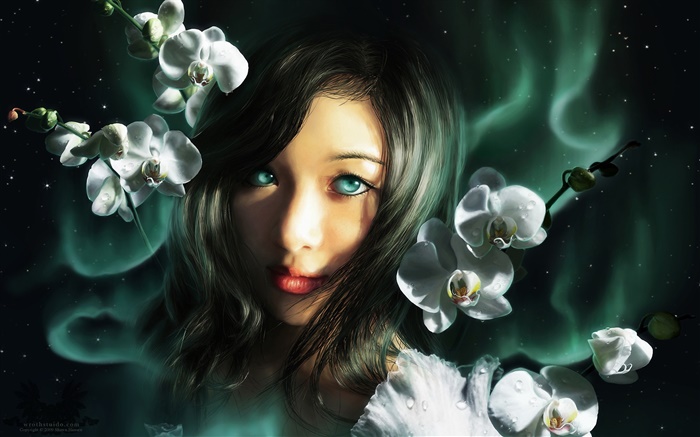 幻想的女孩，蓝色的眼睛，兰花 壁纸 图片