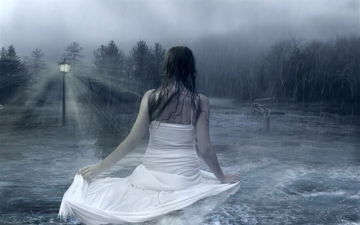 幻想的女孩在雨夜，水，灯，树 壁纸 图片