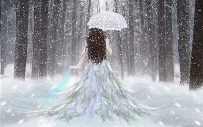 梦幻女孩在冬季森林，雪，伞，后视图 壁纸 图片