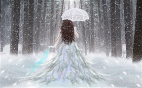 梦幻女孩在冬季森林，雪，伞，后视图