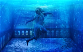 幻想的女孩在水下，蓝色的水 高清壁纸