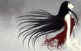 幻想的女孩，长长的头发，红色礼服，艺术设计 高清壁纸