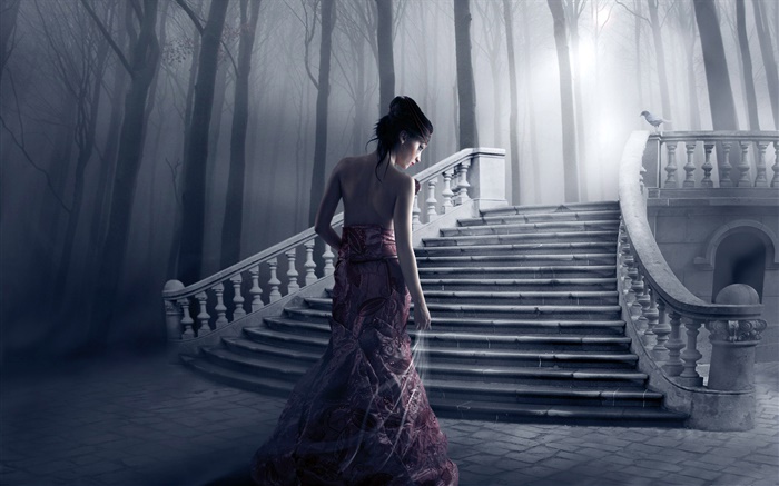 幻想的女孩，晚上，楼梯，树木 壁纸 图片