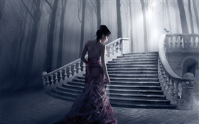 幻想的女孩，晚上，楼梯，树木 高清壁纸