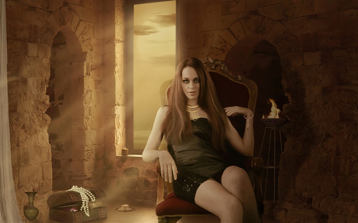 幻想的女孩坐在椅子上，房间，蜡烛，饰品 壁纸 图片