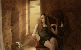 幻想的女孩坐在椅子上，房间，蜡烛，饰品
