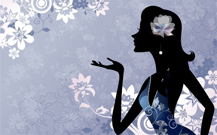 时尚矢量女孩，鲜花，蓝色背景 壁纸 图片