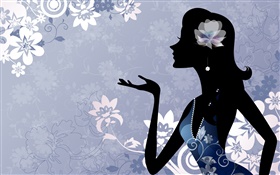 时尚矢量女孩，鲜花，蓝色背景 高清壁纸