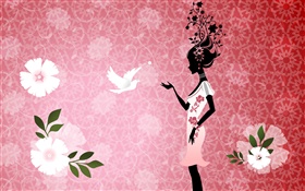 女孩与鸽子，鸟，花，粉红色的背景，矢量设计图片