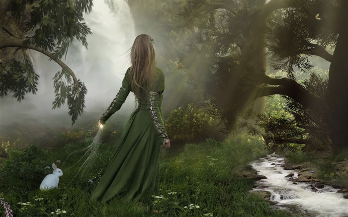 绿色礼服幻想的女孩在森林里，小白兔 壁纸 图片