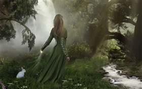 绿色礼服幻想的女孩在森林里，小白兔 高清壁纸