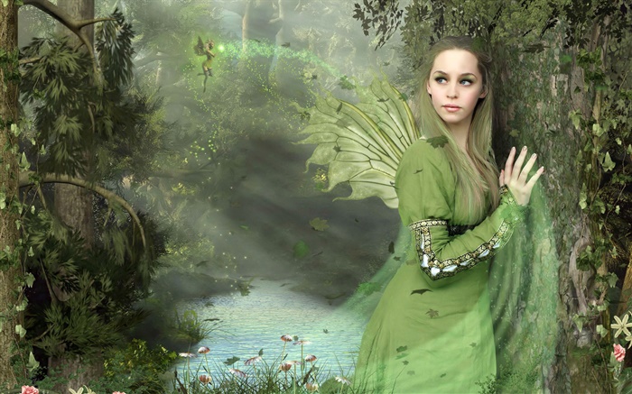 绿色礼服幻想的女孩，翅膀，仙女 壁纸 图片