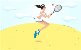 快乐的女孩打网球，夏天，矢量图片